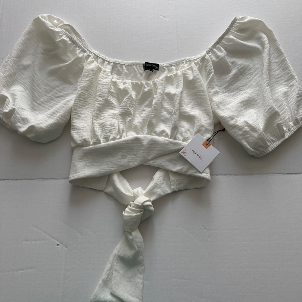 Originality brand white, off-the-shoulder puff sleeve crop top with tie front